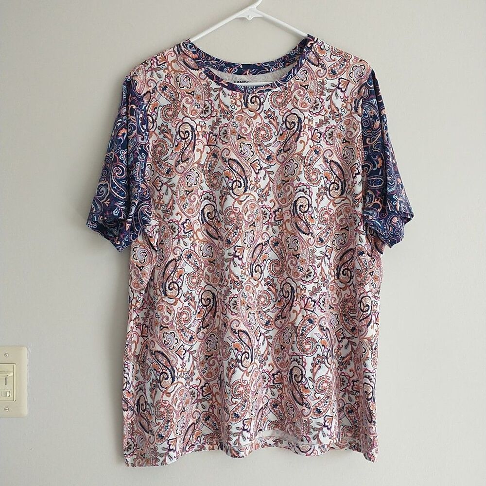Lands End Top T Shirt Womens 1X Multicolor Paisley Floral Short Sleeve Casual
